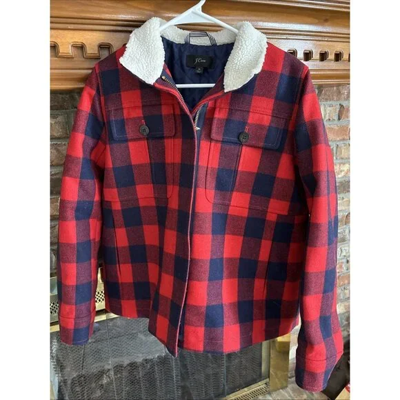 Jcrew Red & Navy Checked Wool Blend Jacket Size Medium Lumberjack Jacket